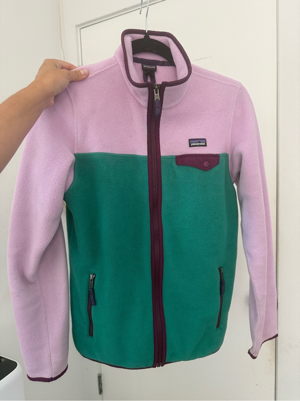 Patagonia Synchilla Fleece Jacket in Light Lavender with Plum Trim